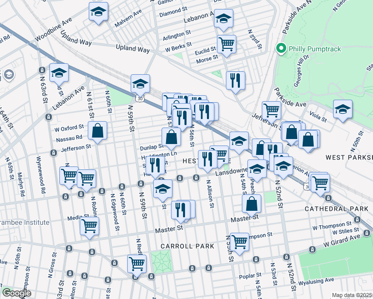 map of restaurants, bars, coffee shops, grocery stores, and more near 5643 Haddington St in Philadelphia