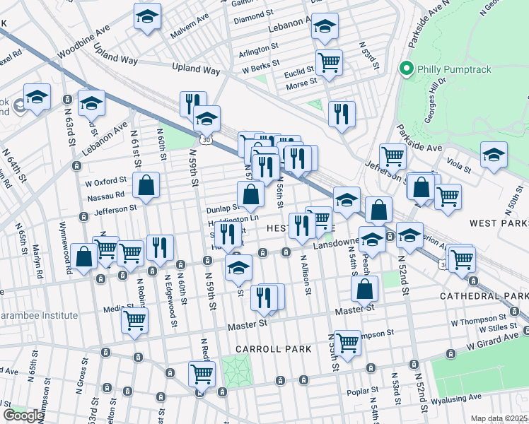 map of restaurants, bars, coffee shops, grocery stores, and more near 5635 Haddington Lane in Philadelphia