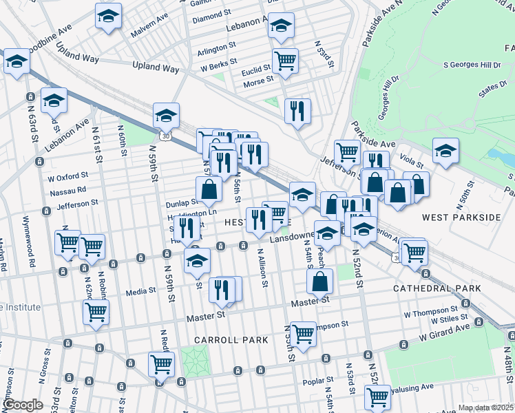 map of restaurants, bars, coffee shops, grocery stores, and more near 1665 North Allison Street in Philadelphia