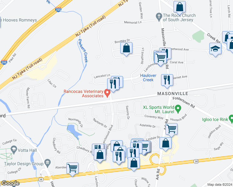 map of restaurants, bars, coffee shops, grocery stores, and more near 411 Larchmont Boulevard in Mount Laurel