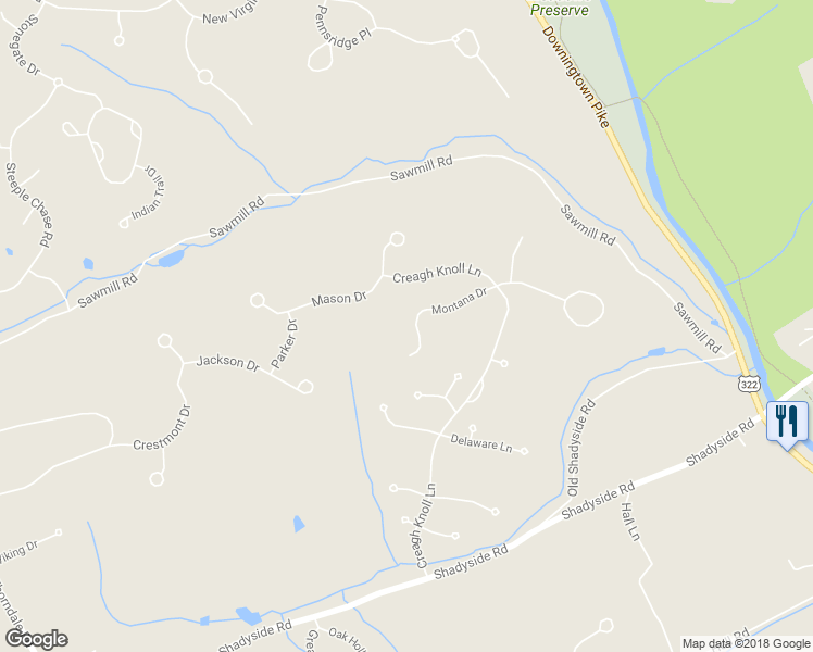 map of restaurants, bars, coffee shops, grocery stores, and more near 1525 Montana Drive in Downingtown