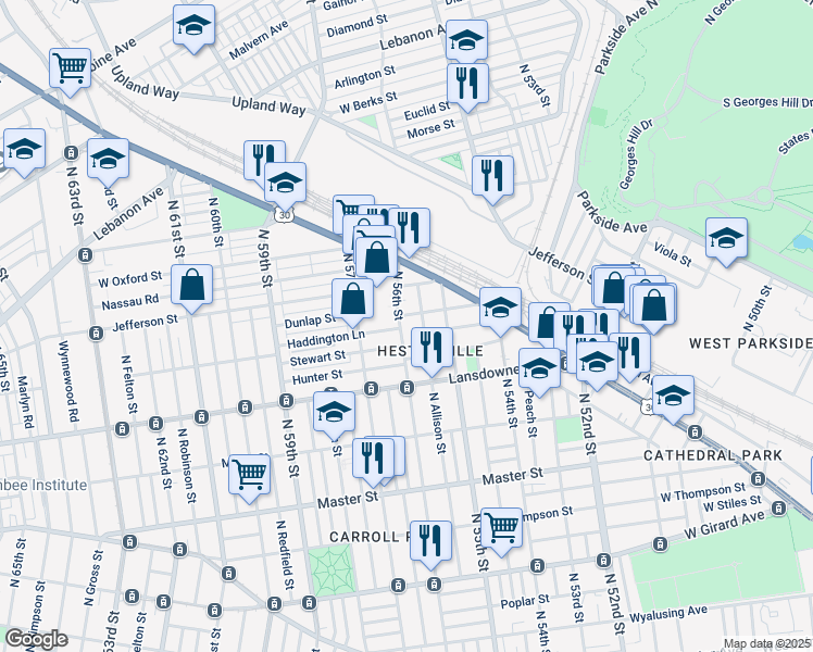 map of restaurants, bars, coffee shops, grocery stores, and more near 1687 North 56th Street in Philadelphia