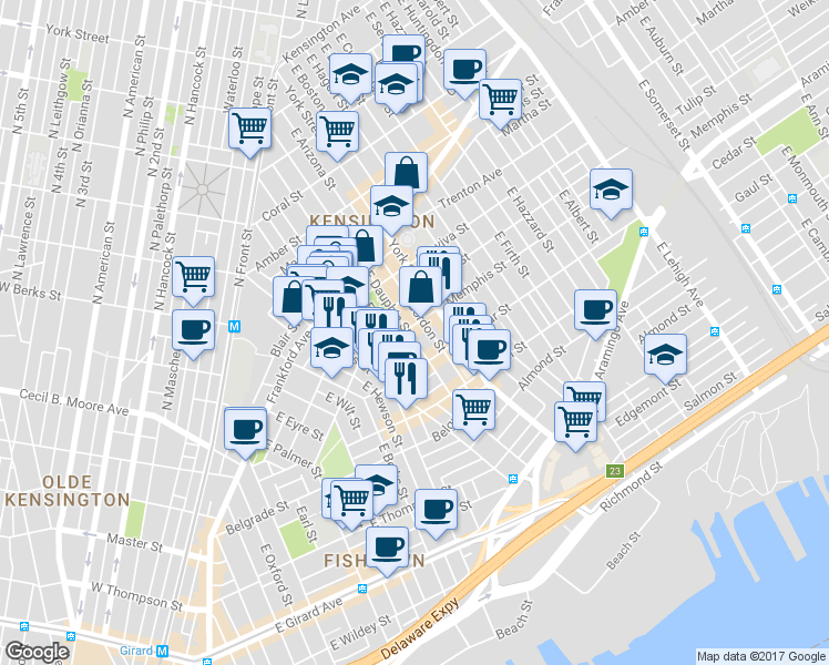 map of restaurants, bars, coffee shops, grocery stores, and more near 2335 East Dauphin Street in Philadelphia