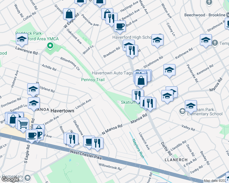 map of restaurants, bars, coffee shops, grocery stores, and more near 1272 Manor Road in Havertown