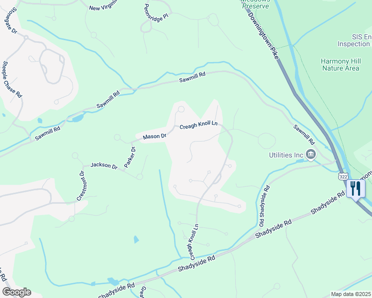 map of restaurants, bars, coffee shops, grocery stores, and more near 1525 Montana Drive in Downingtown