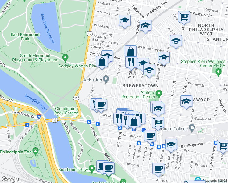 map of restaurants, bars, coffee shops, grocery stores, and more near 1426 North 30th Street in Philadelphia