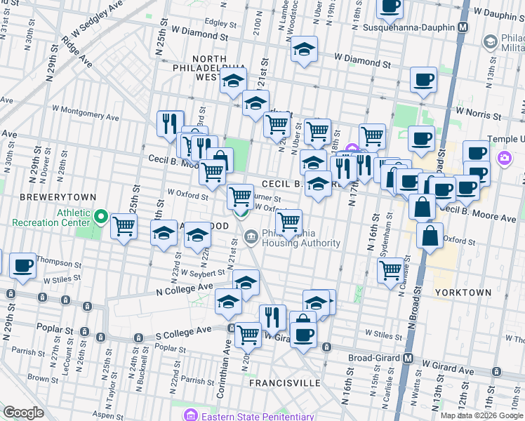 map of restaurants, bars, coffee shops, grocery stores, and more near 1542 North 20th Street in Philadelphia