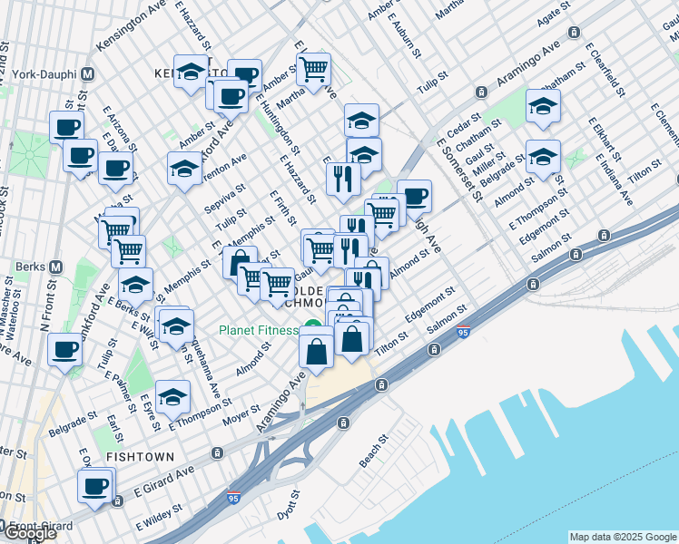 map of restaurants, bars, coffee shops, grocery stores, and more near 2528 East Sergeant Street in Philadelphia