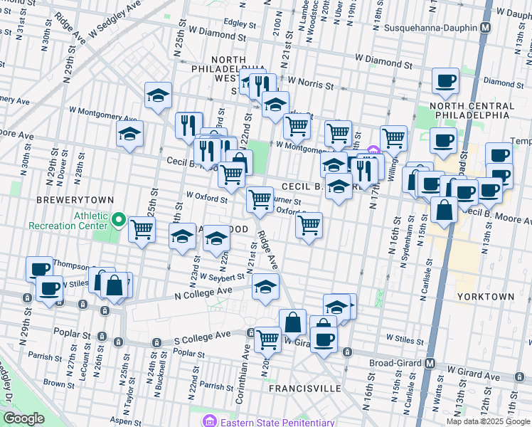 map of restaurants, bars, coffee shops, grocery stores, and more near 2055 Redner Street in Philadelphia