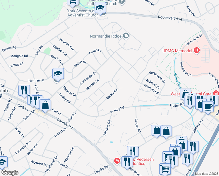map of restaurants, bars, coffee shops, grocery stores, and more near 1862 Azalea Drive in York