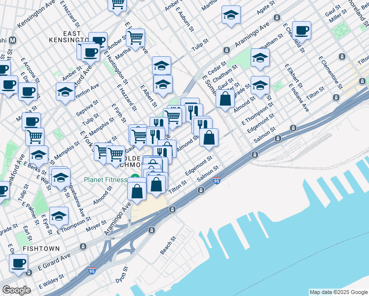 map of restaurants, bars, coffee shops, grocery stores, and more near 2625 Almond Street in Philadelphia