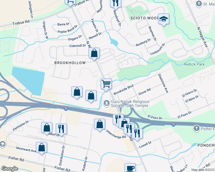map of restaurants, bars, coffee shops, grocery stores, and more near North Wilson Road in Columbus
