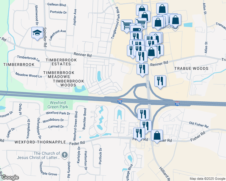 map of restaurants, bars, coffee shops, grocery stores, and more near 5632 Long Branch Place in Columbus