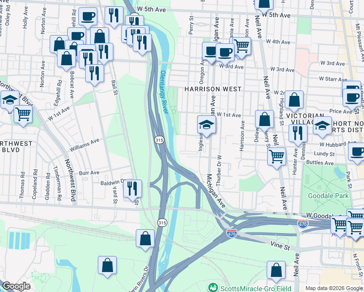 map of restaurants, bars, coffee shops, grocery stores, and more near 891 Ingleside Avenue in Columbus