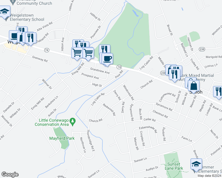 map of restaurants, bars, coffee shops, grocery stores, and more near 2421 Log Cabin Road in York