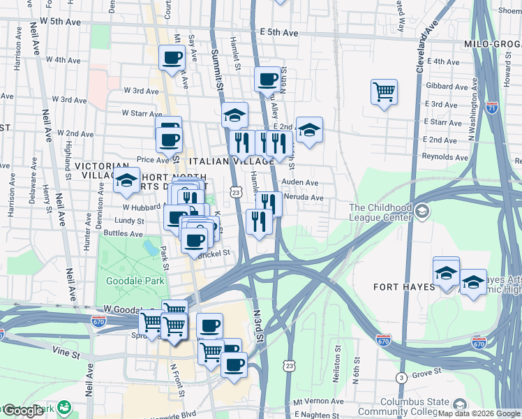 map of restaurants, bars, coffee shops, grocery stores, and more near 760 Hamlet Street in Columbus