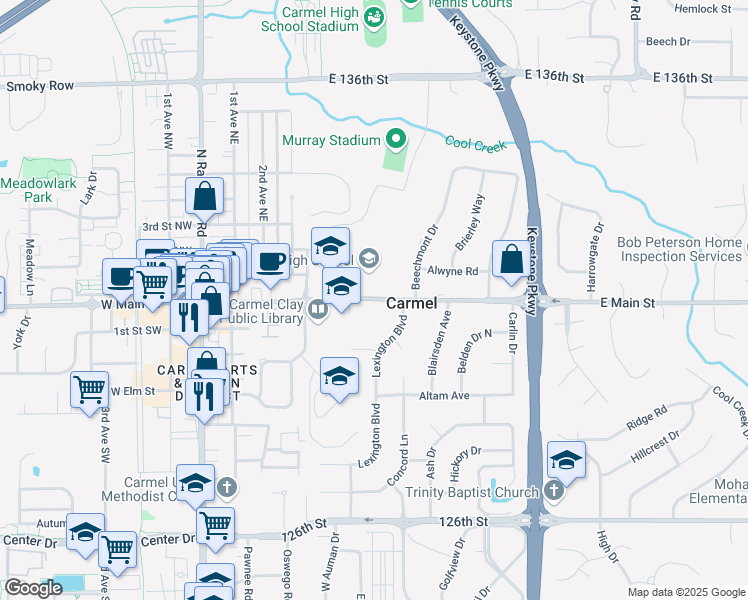 map of restaurants, bars, coffee shops, grocery stores, and more near 520 East Main Street in Carmel
