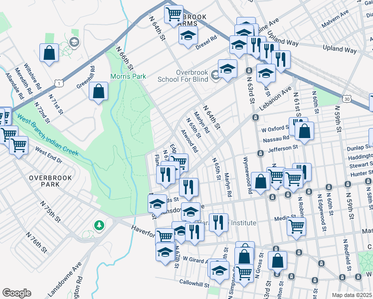 map of restaurants, bars, coffee shops, grocery stores, and more near 963 North 66th Street in Philadelphia