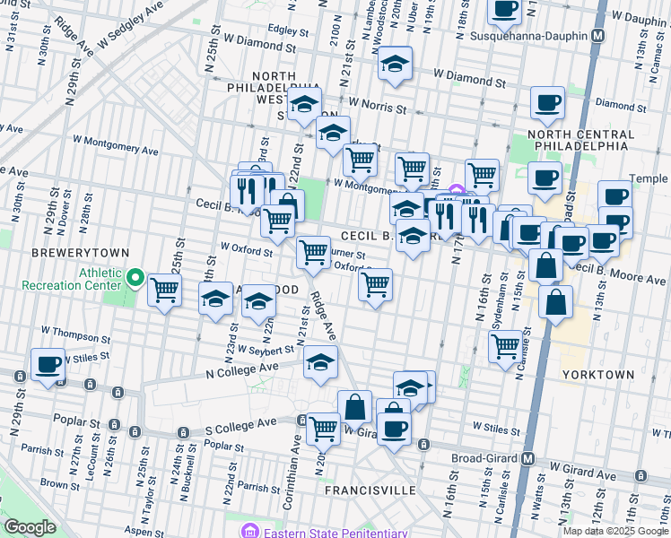 map of restaurants, bars, coffee shops, grocery stores, and more near 2055 Redner Street in Philadelphia