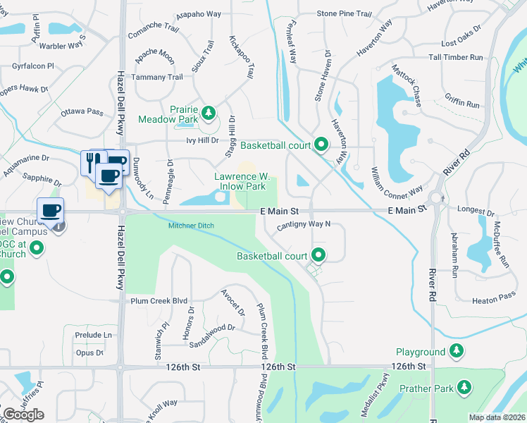 map of restaurants, bars, coffee shops, grocery stores, and more near 6181 East Main Street in Carmel
