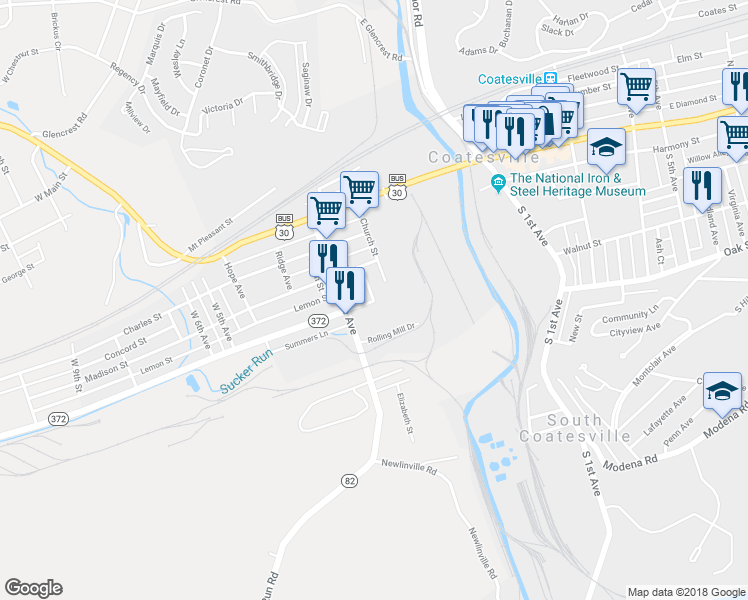 map of restaurants, bars, coffee shops, grocery stores, and more near 226 Union Avenue in Coatesville