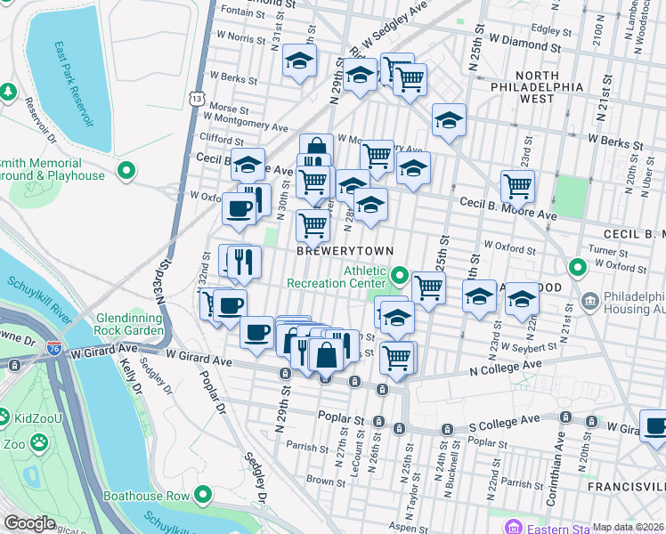 map of restaurants, bars, coffee shops, grocery stores, and more near in Philadelphia