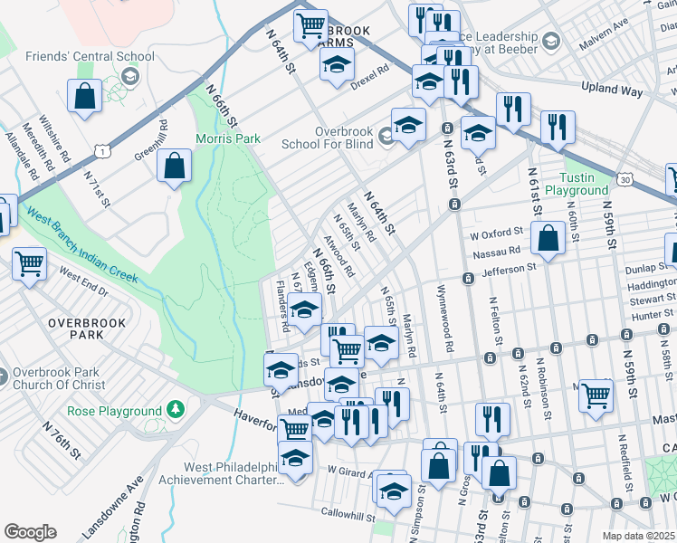 map of restaurants, bars, coffee shops, grocery stores, and more near 6613 Lebanon Avenue in Philadelphia