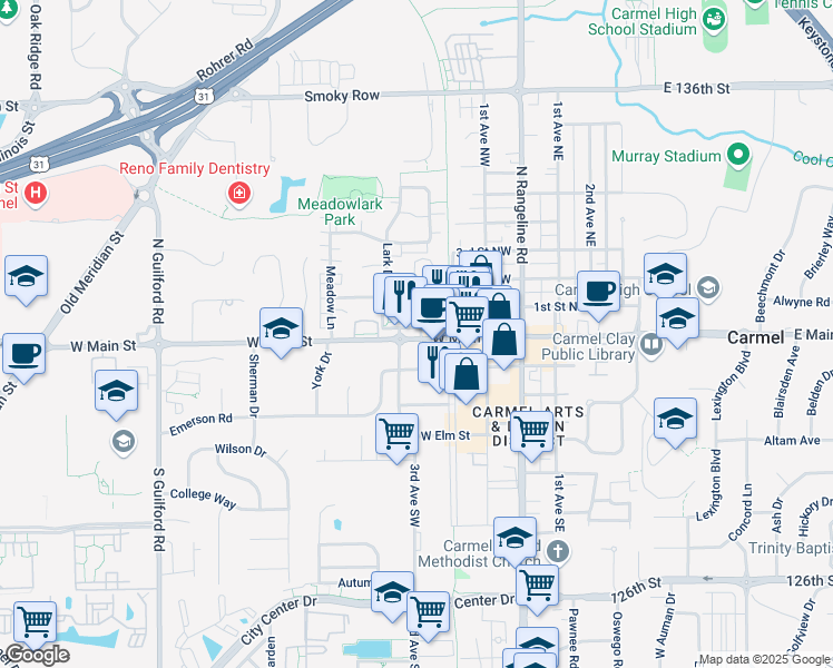map of restaurants, bars, coffee shops, grocery stores, and more near 312 West Main Street in Carmel