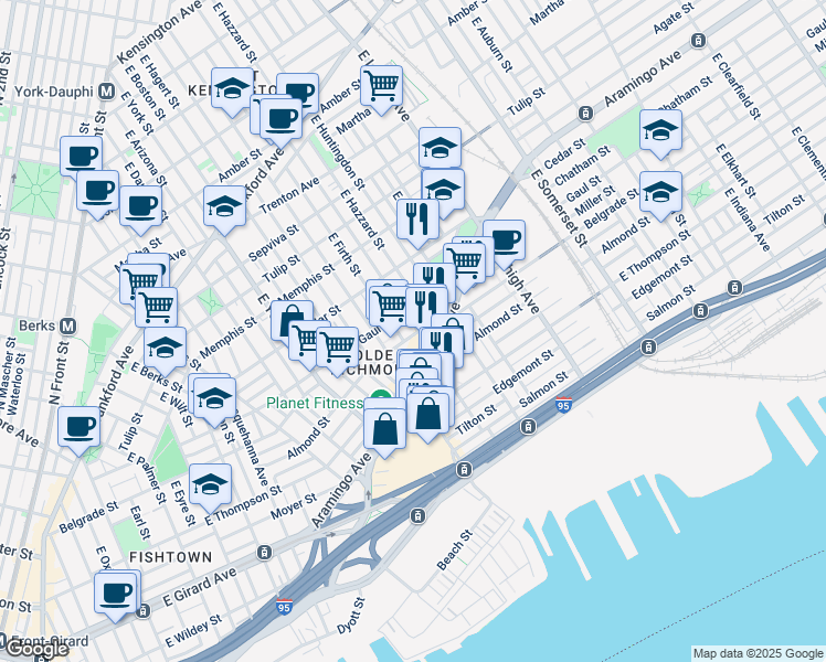 map of restaurants, bars, coffee shops, grocery stores, and more near 2507 Almond Street in Philadelphia