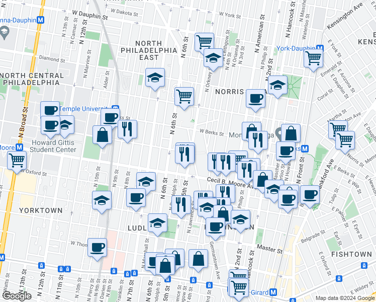 map of restaurants, bars, coffee shops, grocery stores, and more near 1800 North 5th Street in Philadelphia