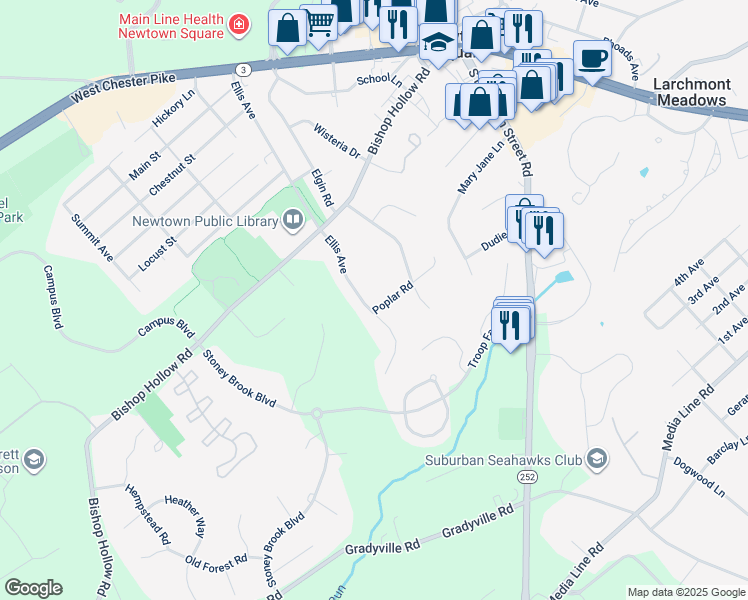 map of restaurants, bars, coffee shops, grocery stores, and more near 815 Ellis Avenue in Newtown Square