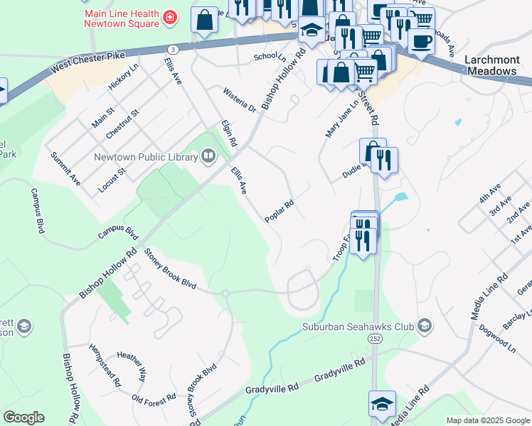 map of restaurants, bars, coffee shops, grocery stores, and more near 815 Ellis Avenue in Newtown Square