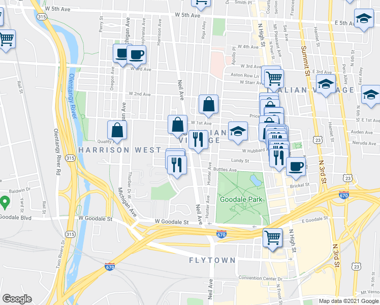 map of restaurants, bars, coffee shops, grocery stores, and more near Neil Avenue & West Hubbard Avenue in Columbus