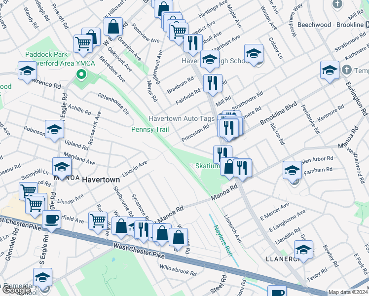 map of restaurants, bars, coffee shops, grocery stores, and more near 1272 Manor Road in Havertown