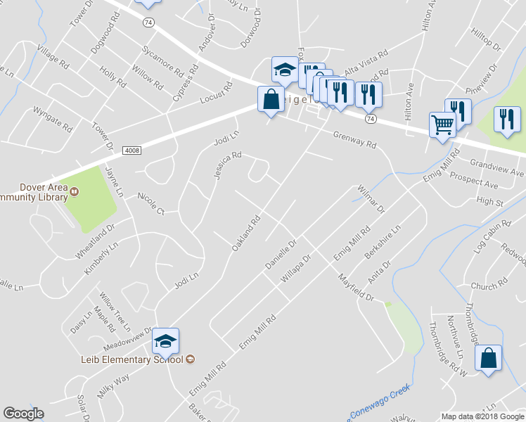 map of restaurants, bars, coffee shops, grocery stores, and more near 2596 Oakland Road in Dover