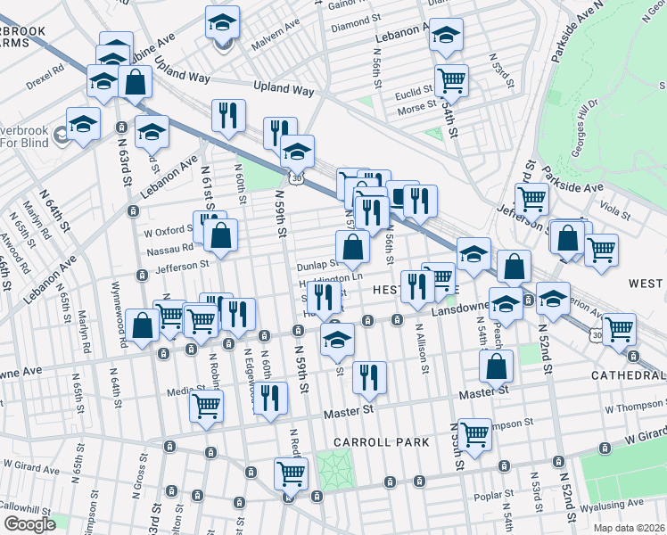 map of restaurants, bars, coffee shops, grocery stores, and more near 5746 Haddington Lane in Philadelphia
