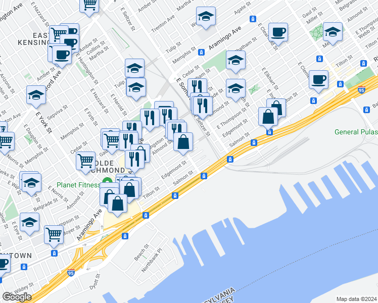 map of restaurants, bars, coffee shops, grocery stores, and more near 2635 East Lehigh Avenue in Philadelphia