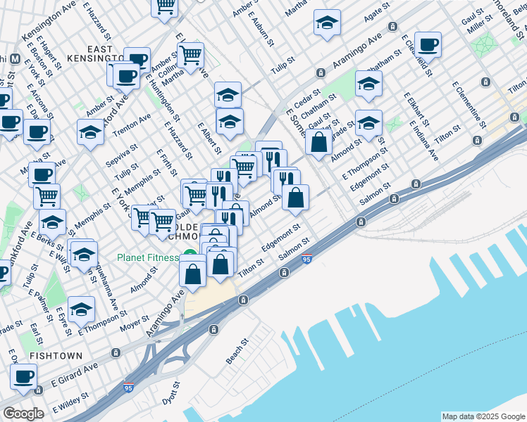 map of restaurants, bars, coffee shops, grocery stores, and more near 2631 Almond Street in Philadelphia