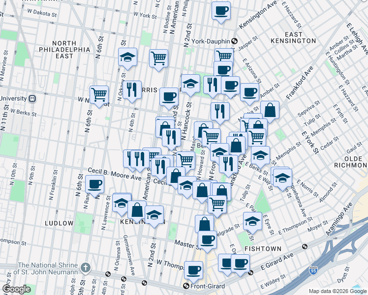 map of restaurants, bars, coffee shops, grocery stores, and more near 1821 North Hancock Street in Philadelphia