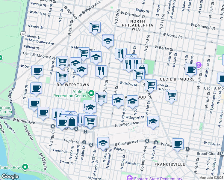 map of restaurants, bars, coffee shops, grocery stores, and more near 2411 Nassau Street in Philadelphia