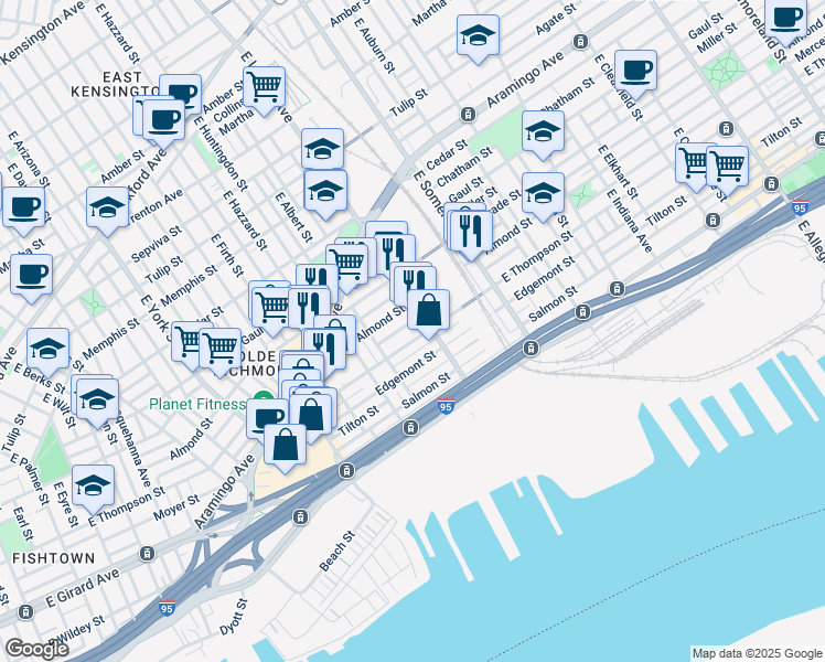 map of restaurants, bars, coffee shops, grocery stores, and more near 2662 East Thompson Street in Philadelphia