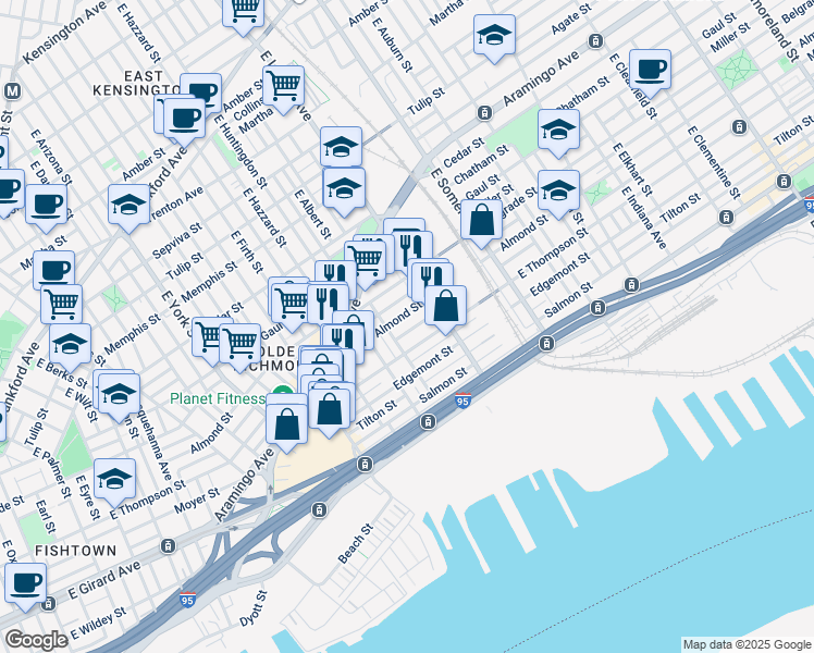 map of restaurants, bars, coffee shops, grocery stores, and more near 2644 Mercer Street in Philadelphia