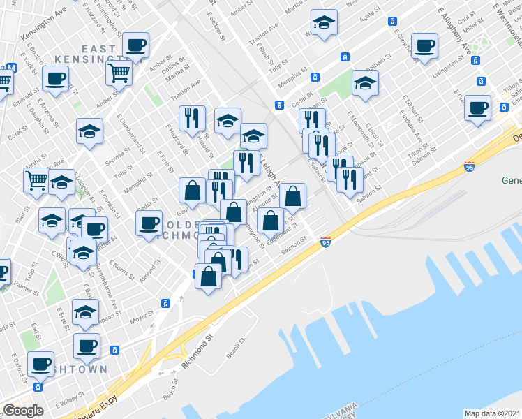 map of restaurants, bars, coffee shops, grocery stores, and more near 2633 Almond Street in Philadelphia