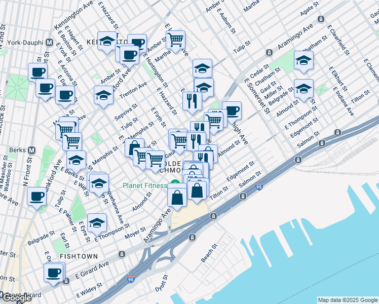map of restaurants, bars, coffee shops, grocery stores, and more near 2507 Almond Street in Philadelphia