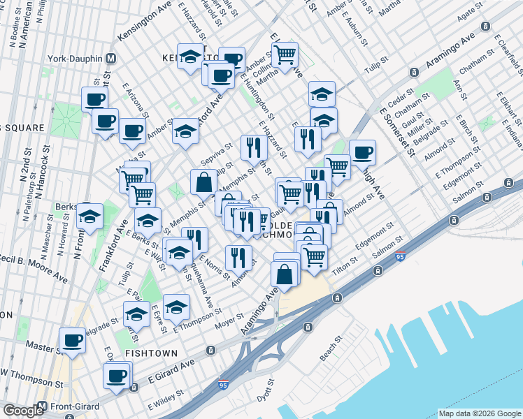 map of restaurants, bars, coffee shops, grocery stores, and more near 2438 East Hagert Street in Philadelphia