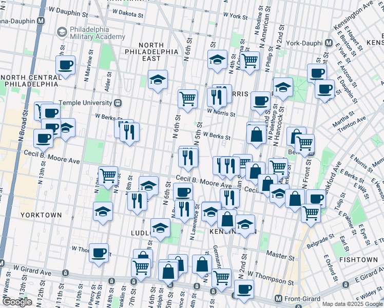map of restaurants, bars, coffee shops, grocery stores, and more near 1748 North 5th Street in Philadelphia