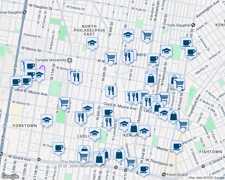 map of restaurants, bars, coffee shops, grocery stores, and more near 1748 North 5th Street in Philadelphia