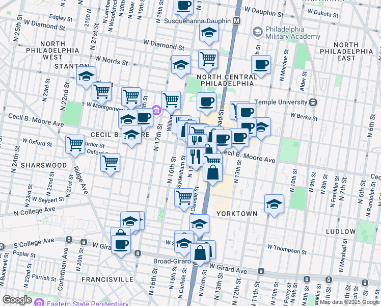 map of restaurants, bars, coffee shops, grocery stores, and more near 1611 North Sydenham Street in Philadelphia
