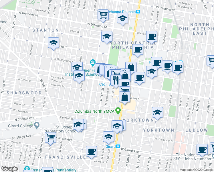 map of restaurants, bars, coffee shops, grocery stores, and more near 1611 North Sydenham Street in Philadelphia