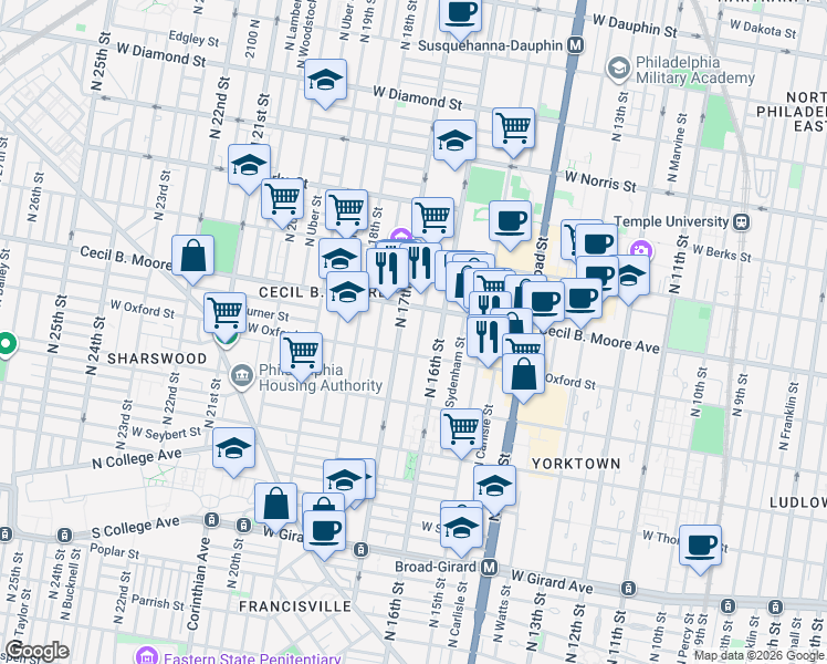 map of restaurants, bars, coffee shops, grocery stores, and more near 1609 West Oxford Street in Philadelphia